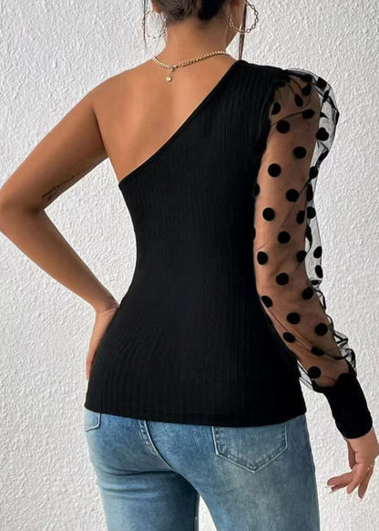 2025 Sleeved Shoulder Black Single Top Women Patchwork