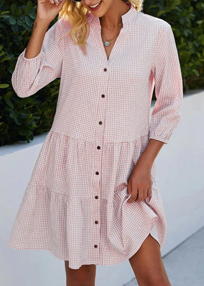 Fall Plaid Collar Dress Stand Blue Button Women Mid Shirts
