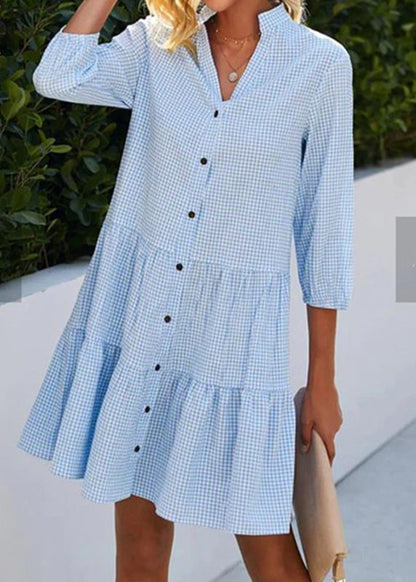 Fall Plaid Collar Dress Stand Blue Button Women Mid Shirts