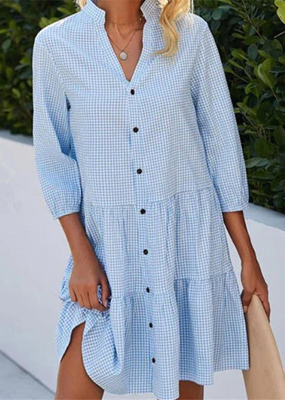 Fall Plaid Collar Dress Stand Blue Button Women Mid Shirts