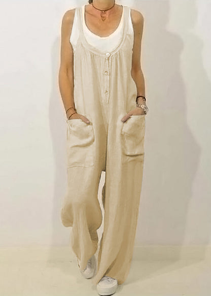 Khaki Button Women Sleeveless Jumpsuits Solid O-Neck