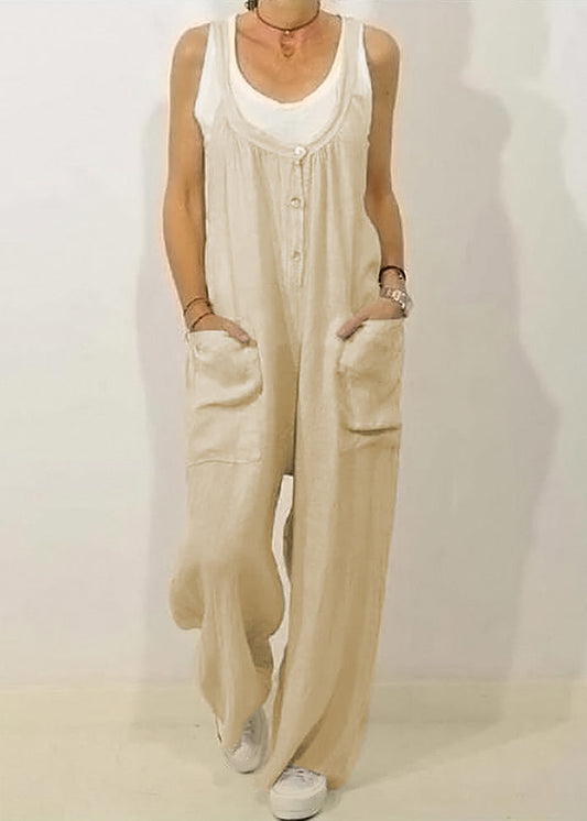 Khaki Button Women Sleeveless Jumpsuits Solid O-Neck