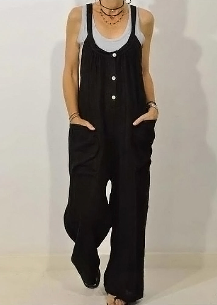 Khaki Button Women Sleeveless Jumpsuits Solid O-Neck