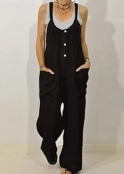 Khaki Button Women Sleeveless Jumpsuits Solid O-Neck