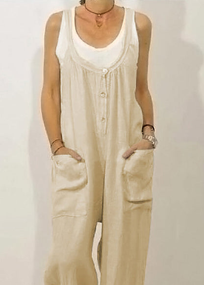 Khaki Button Women Sleeveless Jumpsuits Solid O-Neck