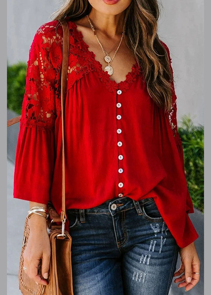 Lace Top Women Red Patchwork Fall Solid
