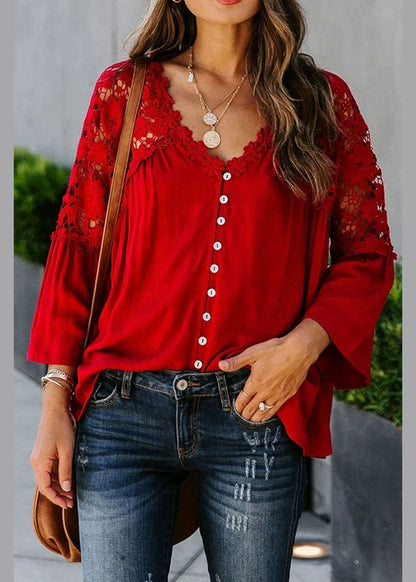 Lace Top Women Red Patchwork Fall Solid