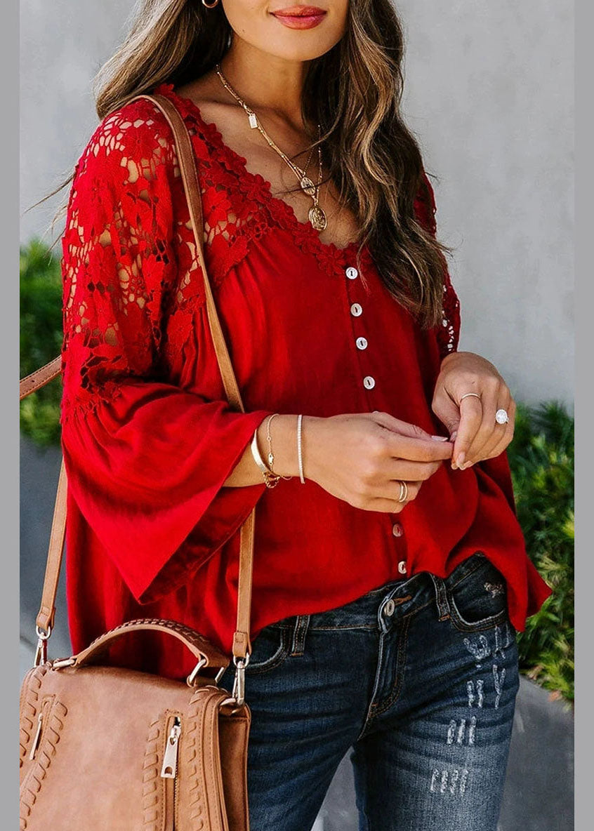 Lace Top Women Red Patchwork Fall Solid