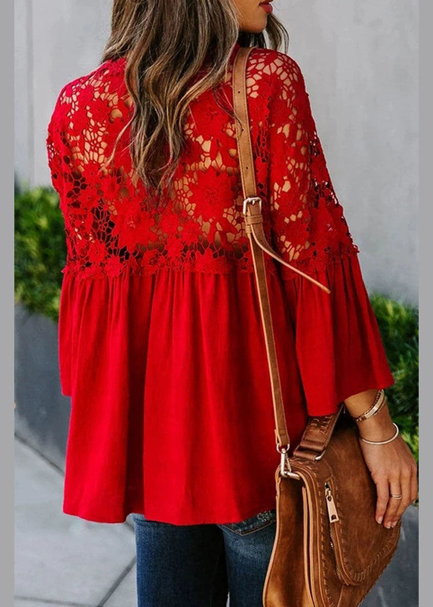 Lace Top Women Red Patchwork Fall Solid
