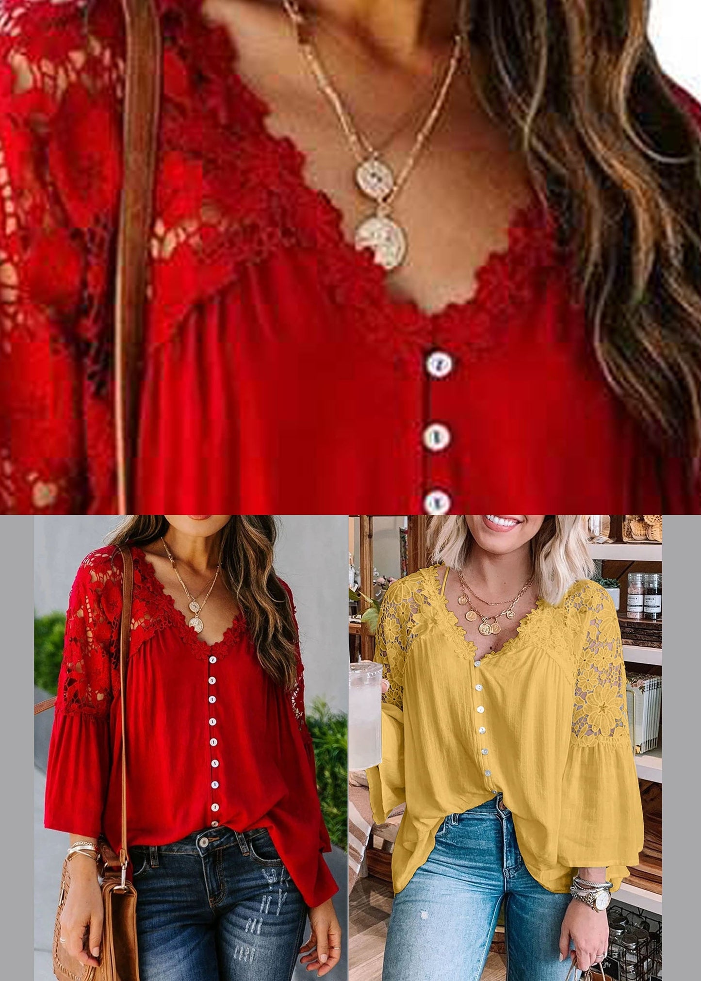 Lace Top Women Red Patchwork Fall Solid