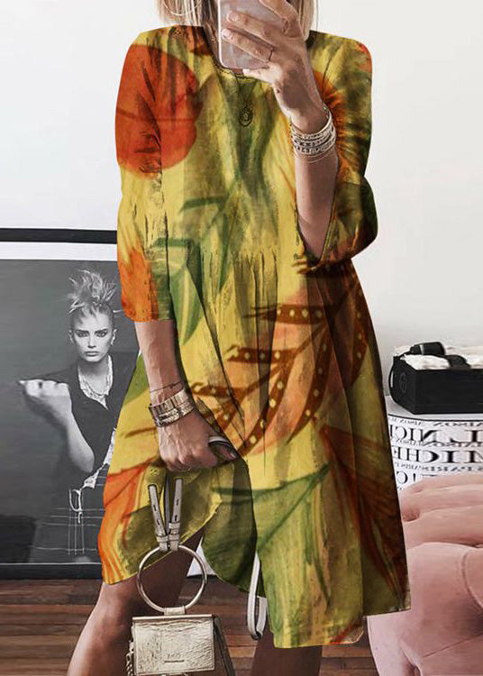 Print Summer O Neck Women Mid Dress Yellow Cotton