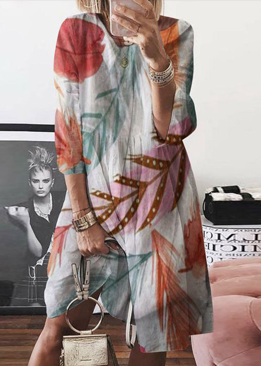 Print Summer O Neck Women Mid Dress Yellow Cotton