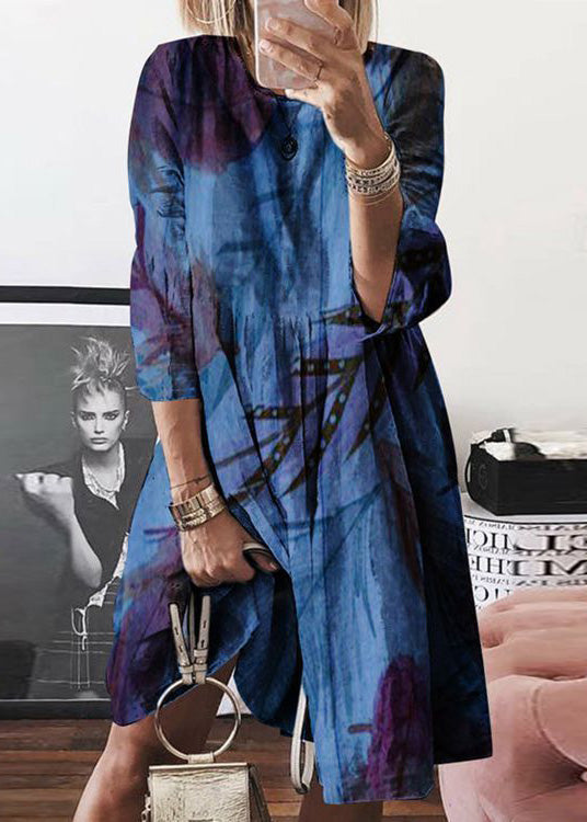 Print Summer O Neck Women Mid Dress Yellow Cotton