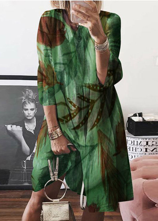 Print Summer O Neck Women Mid Dress Yellow Cotton