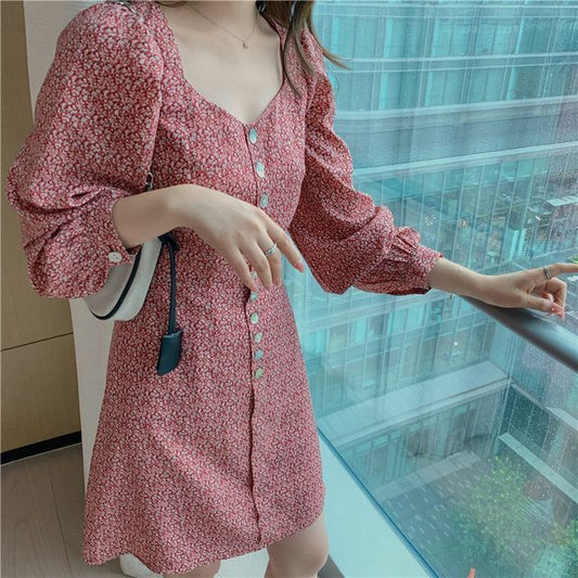 Puff Sleeve Square Neck Floral Print Mini Chiffon Dress