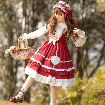 Lolita Lace Trim A-Line Overall Dress / Long-Sleeve Blouse / Petticoat Skirt / Headband / Set