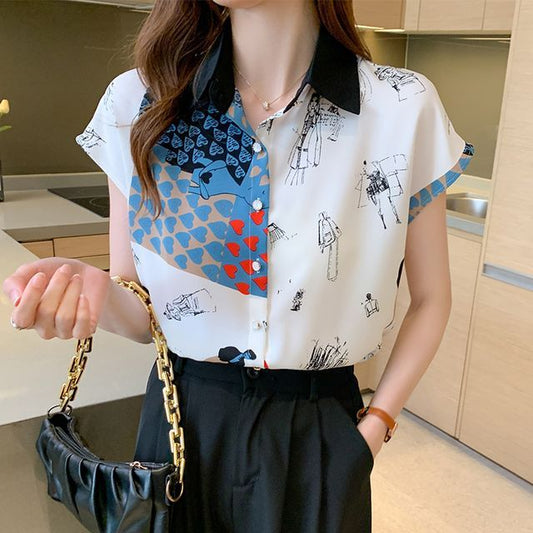 Short Sleeve Printed Chiffon Shirt