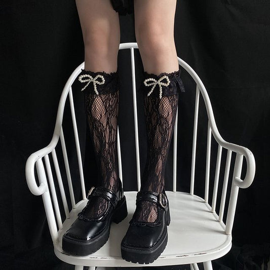 Faux Pearl Bow Accent Lace Socks