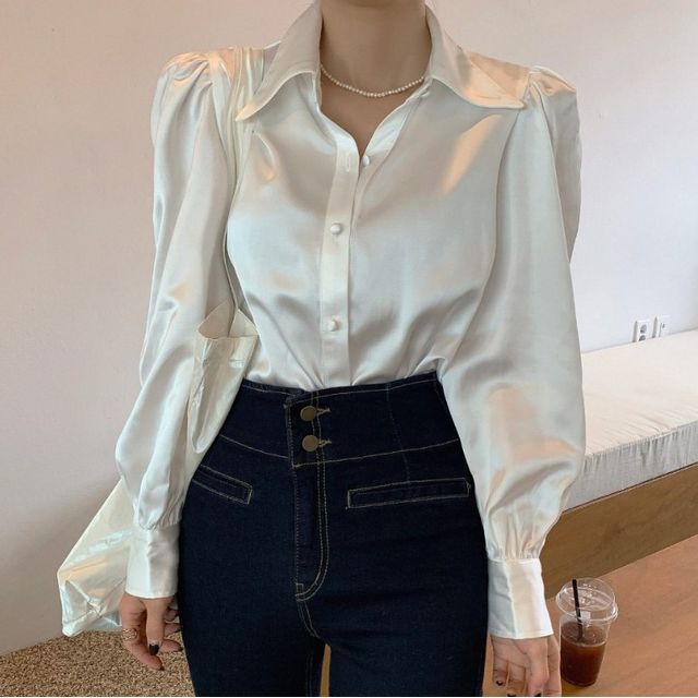 Puff Sleeve Plain Silk Blouse