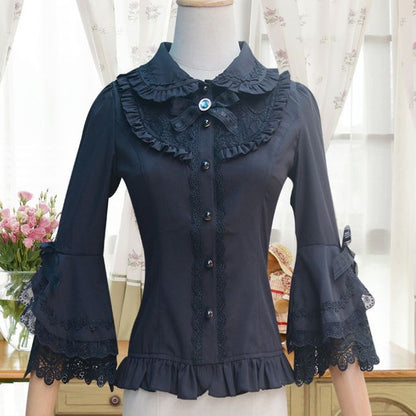 Lolita Bell-Sleeve Collared Lace Trim Blouse