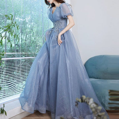 Puff-Sleeve Sequined Mesh A-Line Evening Gown