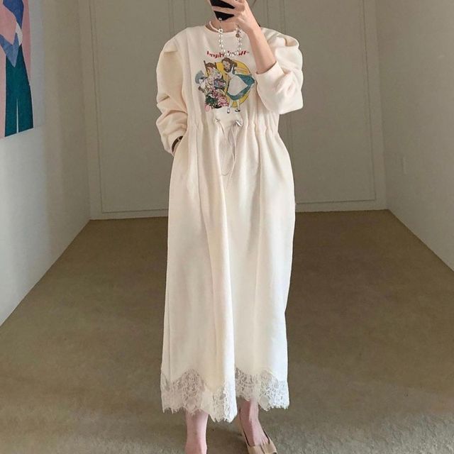 Cartoon Print Drawstring-Waist Midi Sweatshirt Dress