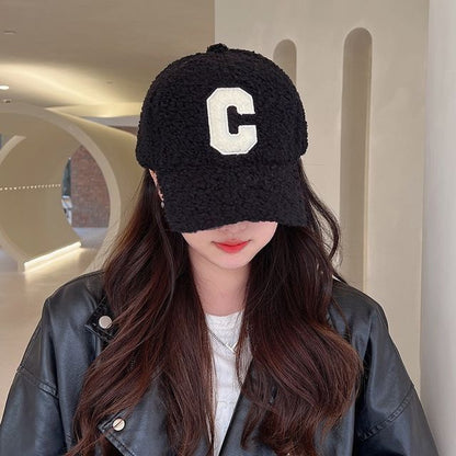Cap Shearling Lettering Applique Baseball Faux