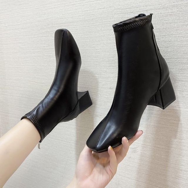 Plain Short Heel Chunky Boots