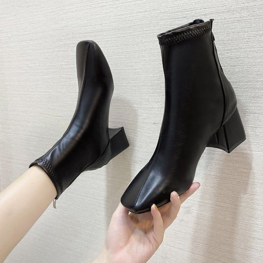 Plain Short Heel Chunky Boots