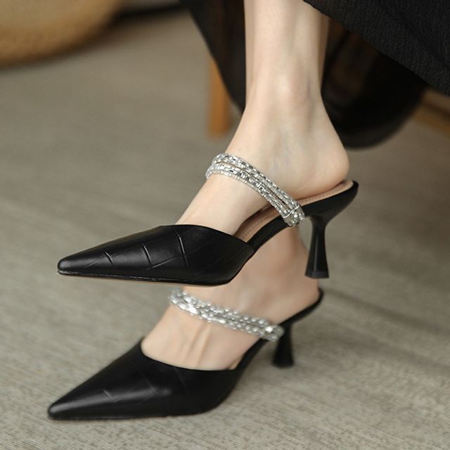 Pointy-Toe High-Heel Mules Rhinestone