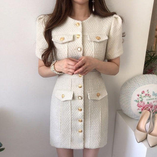 Short-Sleeve Button-Up Tweed Mini Sheath Dress