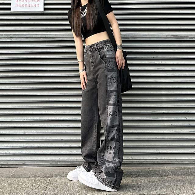 Baggy High Waist Print Jeans Graphic
