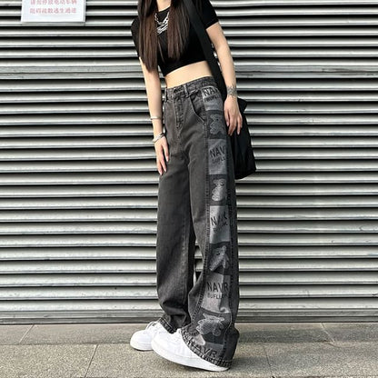 Baggy High Waist Print Jeans Graphic