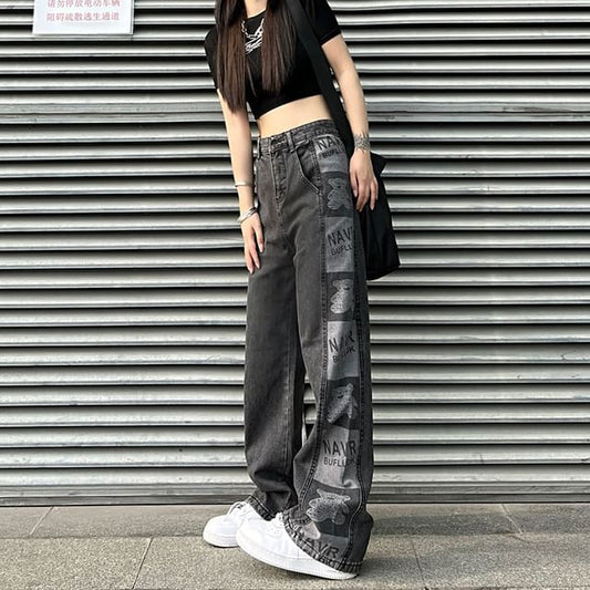 Baggy High Waist Print Jeans Graphic