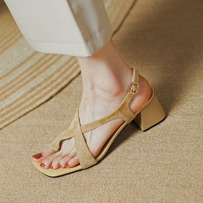 Chunky Sandals Cross Strap Square-Toe Heel