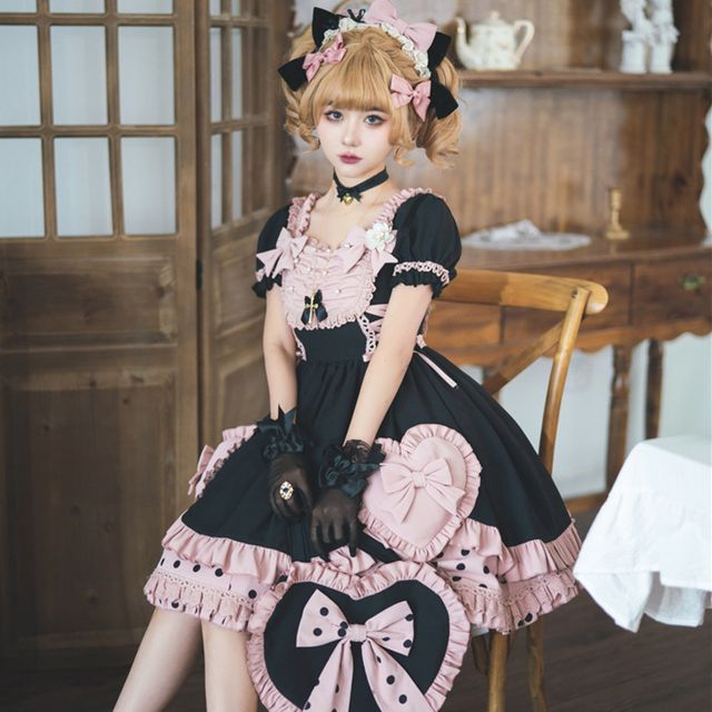 Lolita Ruffle Trim Mini A-Line Dress / Bow Headband / Handbag / Set