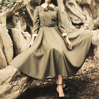 Long-Sleeve Contrast Collar Midi A-Line Dress