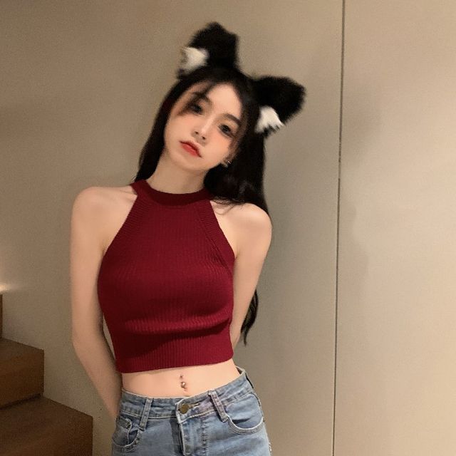 Halter Knit Top Tank Crop