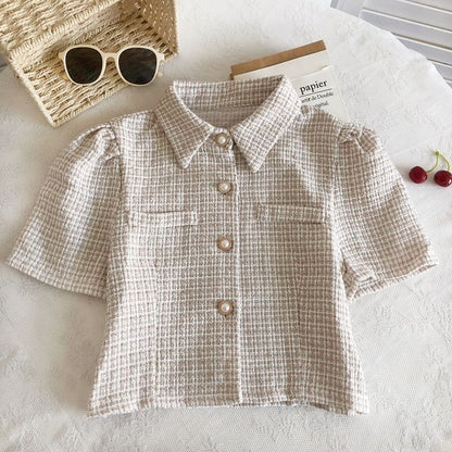 Short-Sleeve Tweed Crop Shirt