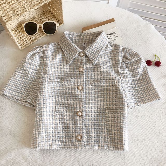 Short-Sleeve Tweed Crop Shirt