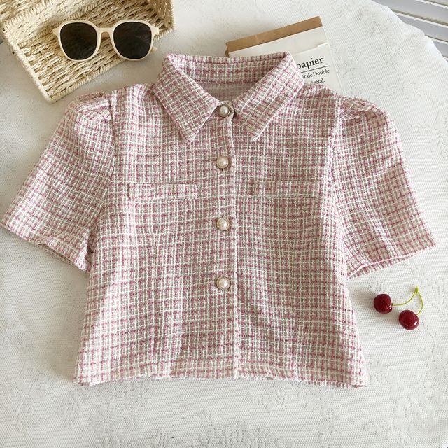 Short-Sleeve Tweed Crop Shirt