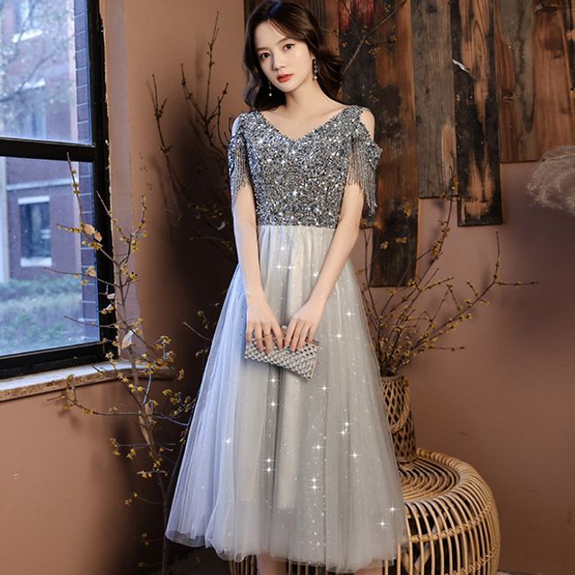 Dress Maxi Prom Shoulder Cold Sequin
