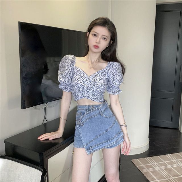 Cropped Blouse Floral Puff-Sleeve