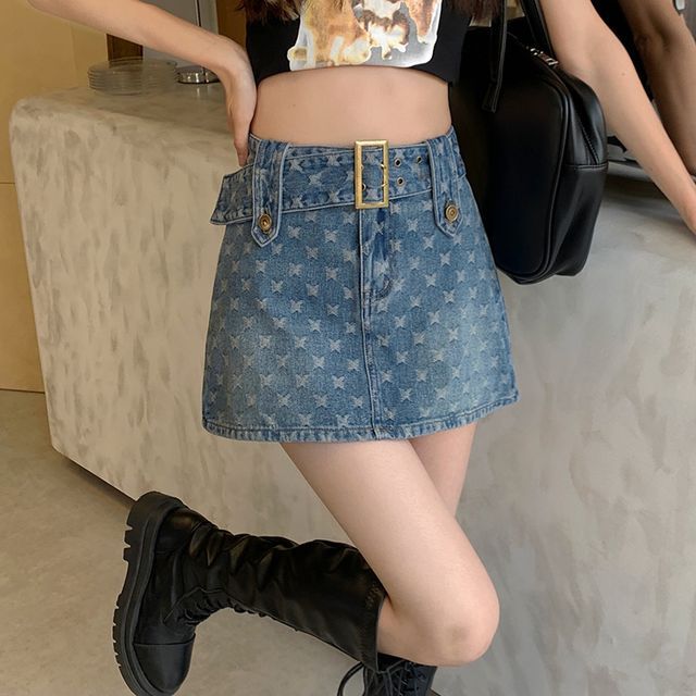 Belted Denim Mini Skirt