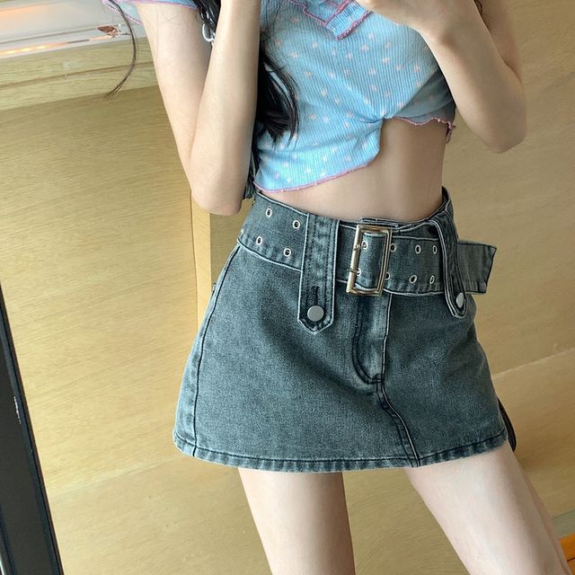 Belted Denim Mini Skirt