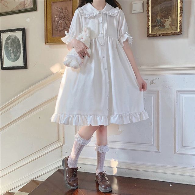 Lolita Short-Sleeve Frill Trim A-Line Shirt Dress