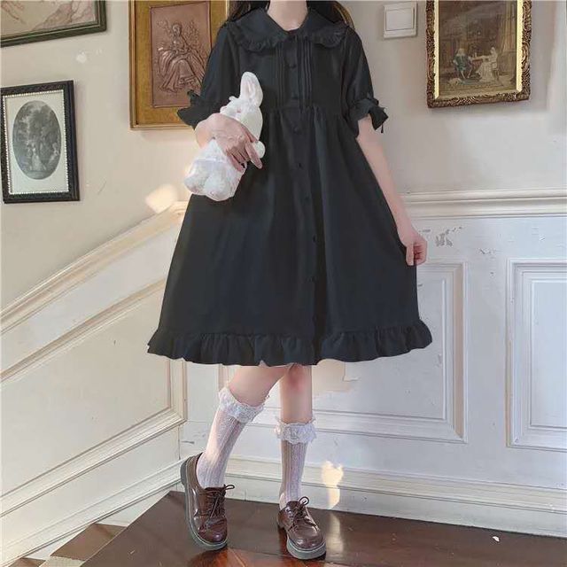 Lolita Short-Sleeve Frill Trim A-Line Shirt Dress