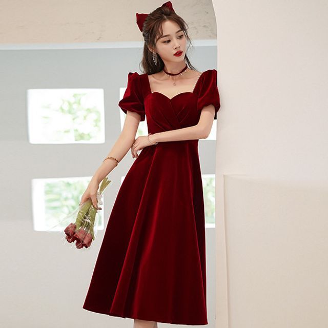 Dress A-Line Cocktail Puff-Sleeve