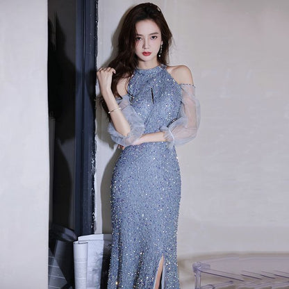 Cold-Shoulder Sequin Evening Gown Sheath
