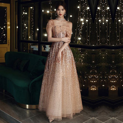 A-Line Evening Off-Shoulder Sequin Gown